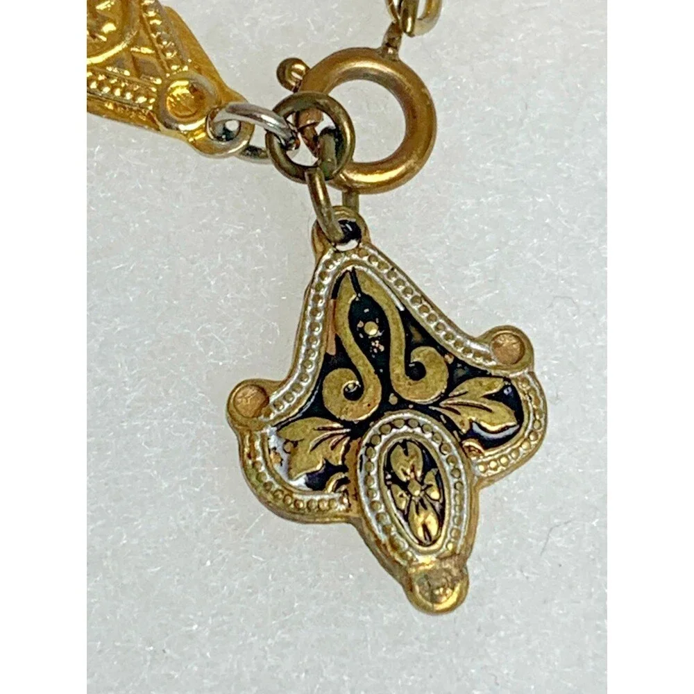Vintage Damascene Bracelet Made In Spain Black Enamel Gold Tone Charm 7" - Picture 2 of 9
